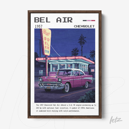framed pixel art of a 1957 Chevrolet Bel Air in front of a neon-lit diner