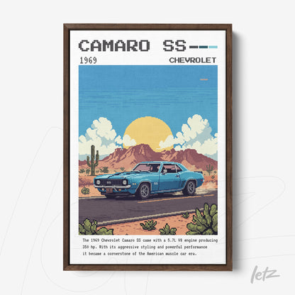 framed retro art of a 1969 Chevrolet Camaro SS on a desert road, featuring mountains and cacti in the composition