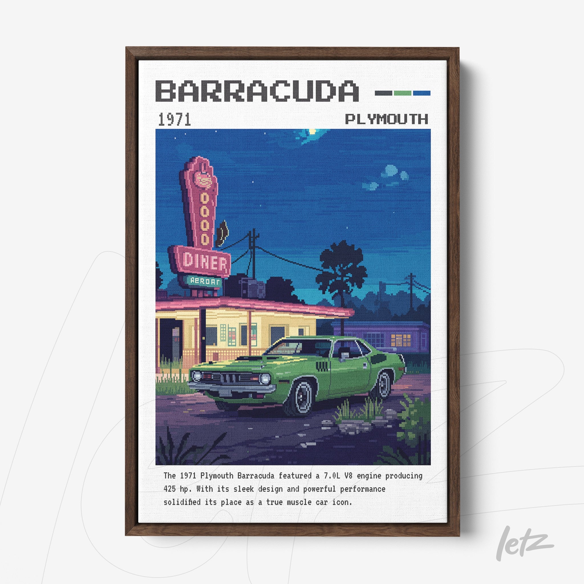 pixel art framed print of a 1971 Plymouth Barracuda in front of a diner
