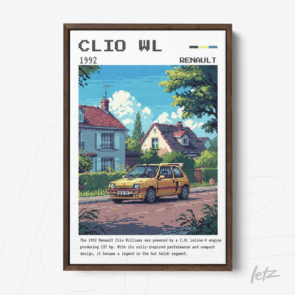 framed retro digital art of Renault Clio Williams car in front of a house with a brown frame