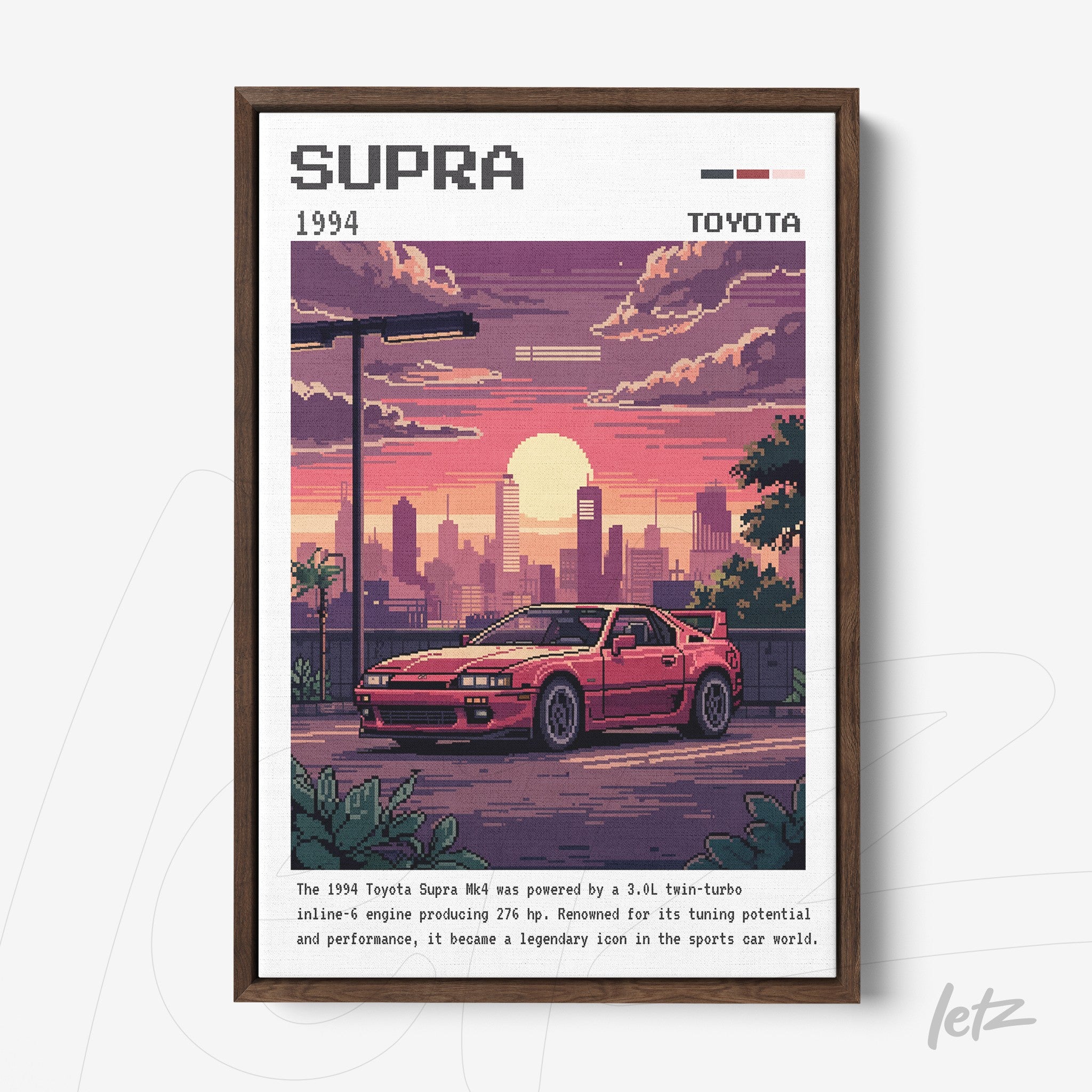 pixel art print of a 1994 Toyota Supra framed in dark wood, featuring a sunset and urban landscape background