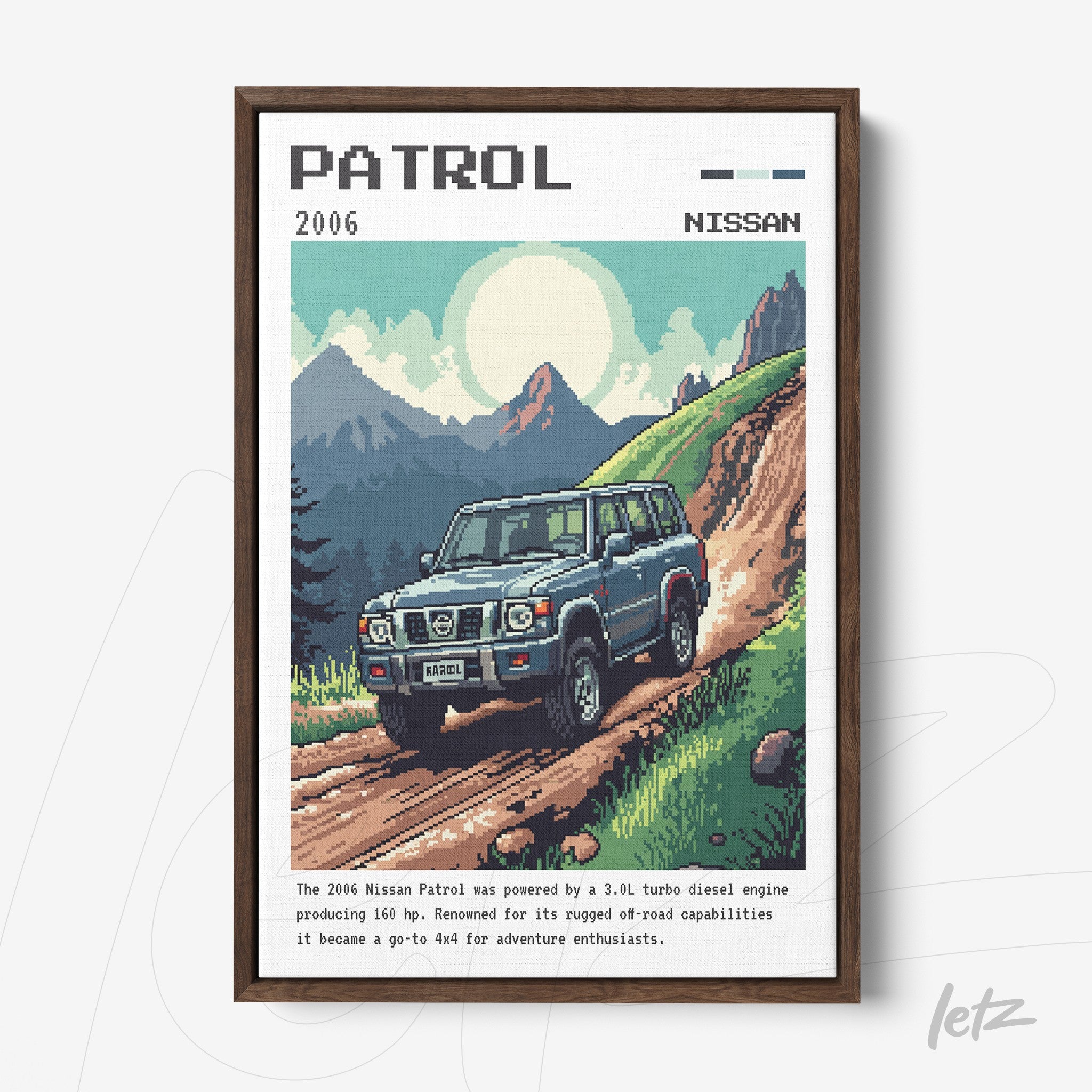 retro style framed art featuring a 2006 Nissan Patrol on a rural road with mountains in the background, dark wood frame
