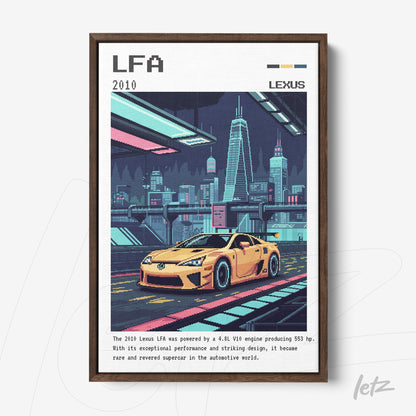framed art of the 2010 LFA sports car in pixel art style with dark brown frame