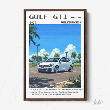 pixel art framed illustration of a 2010 Volkswagen Golf GTI with a clear background and dark frame