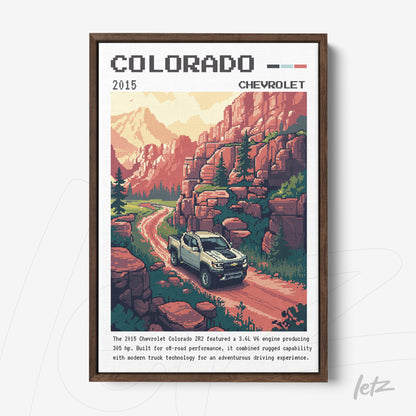 framed pixel art of a Chevrolet Colorado truck in a mountainous landscape with dark wood frame