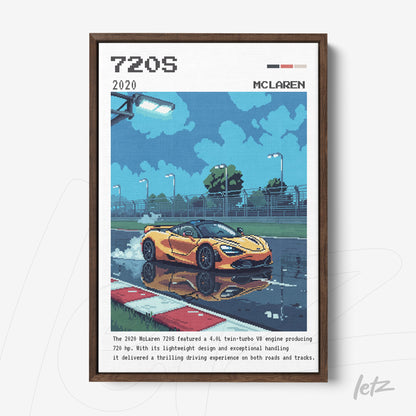 framed pixel art of a yellow McLaren 720S on a wet track with dark wooden frame