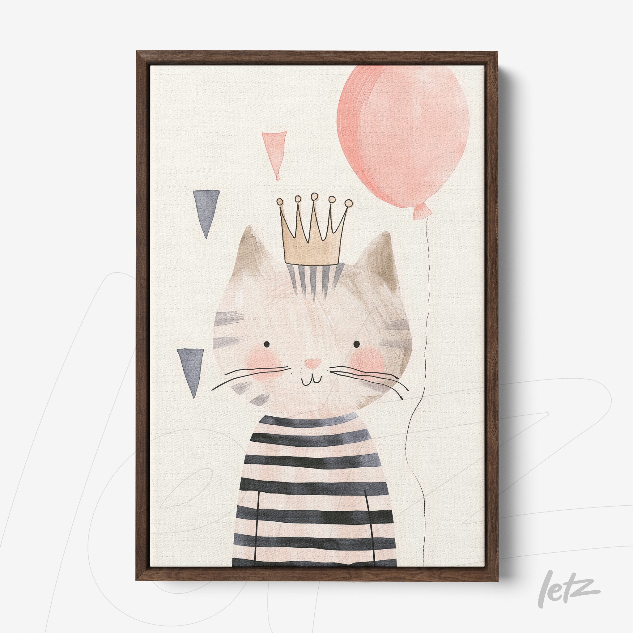 framed children's illustration of a cat wearing a crown and holding a balloon with a dark wood frame