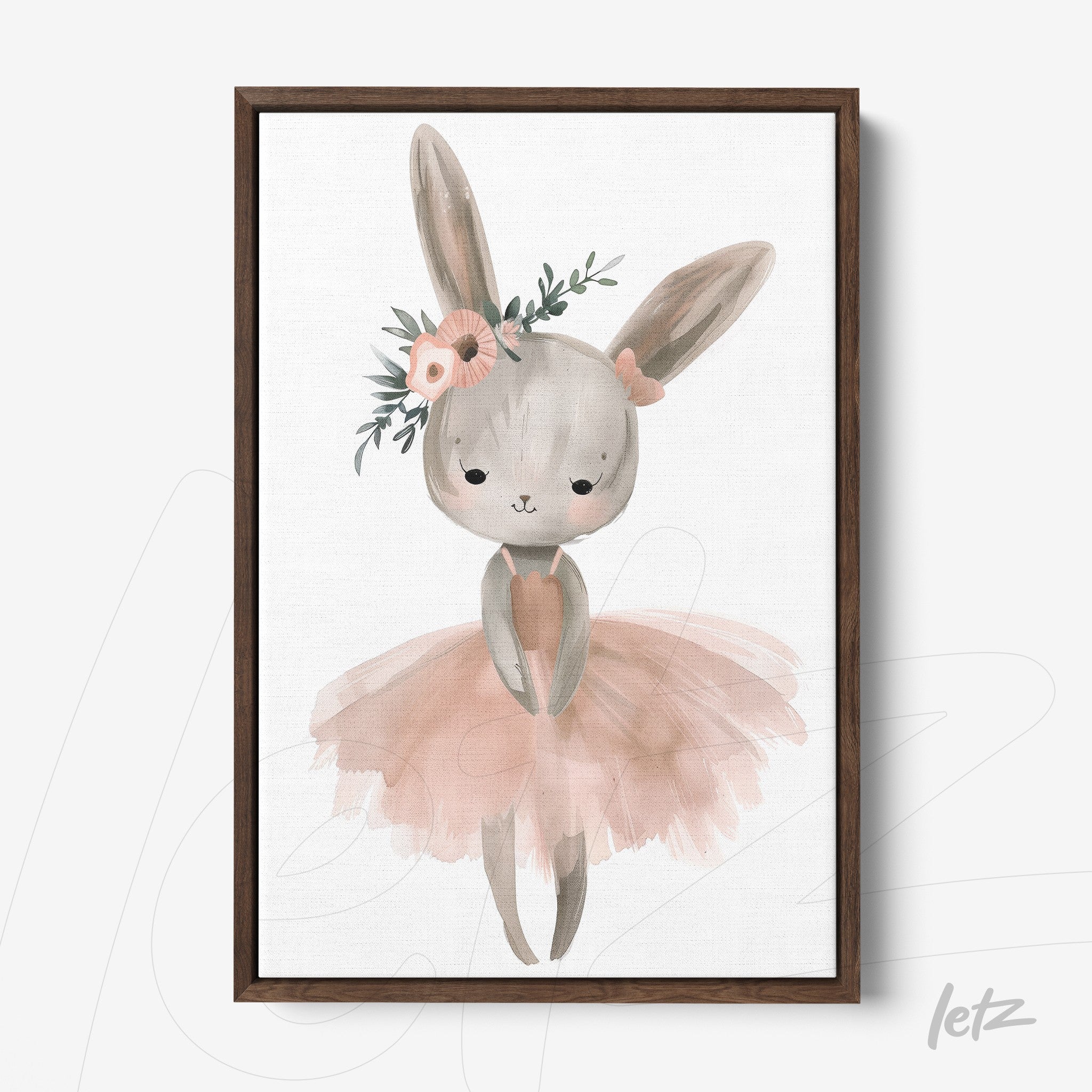 framed artwork of a cute bunny in a pink tulle skirt and floral crown