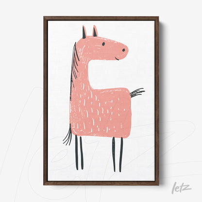 framed artwork featuring a pink horse illustration on a light background with a dark wood frame