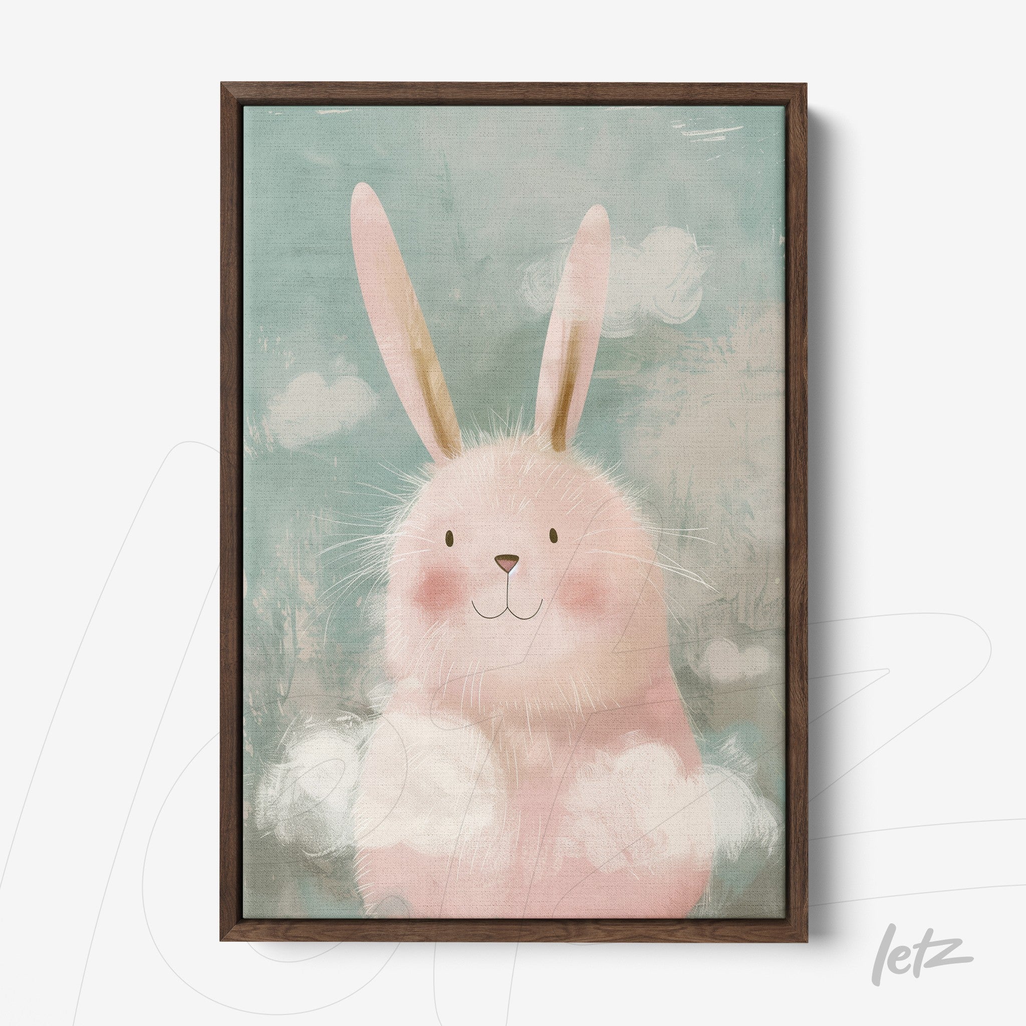 framed wall art featuring a pink bunny on a light blue background with white clouds in a dark wood frame