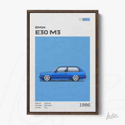 framed digital art of the BMW E30 M3 against a blue background with dark wood frame