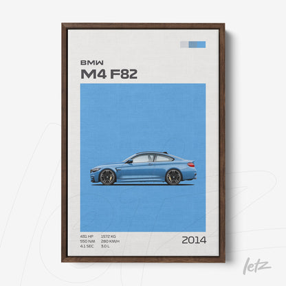 framed wall art featuring a stylized illustration of the BMW M4 F82 on a blue background with technical specifications