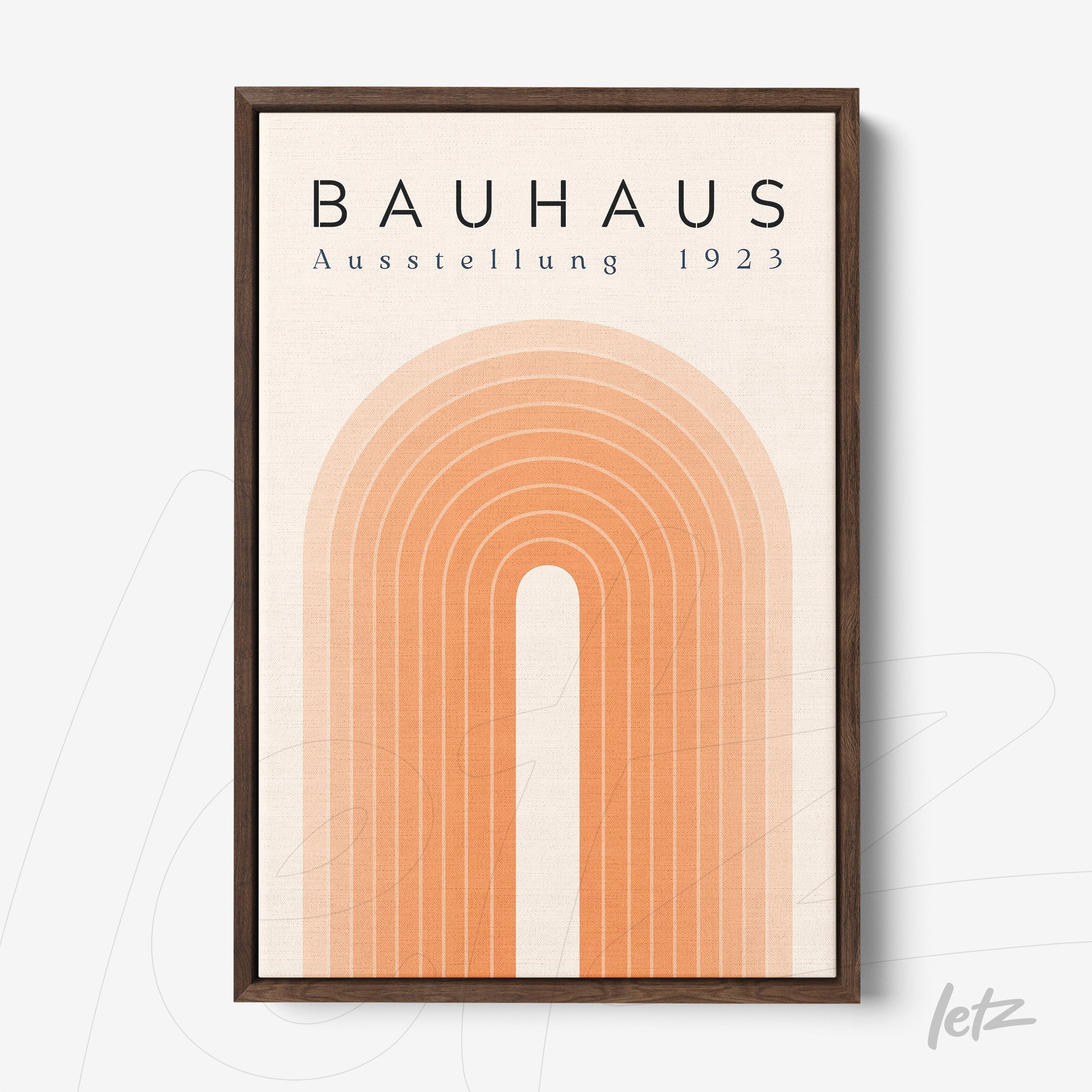 poster print featuring geometric art in orange hues with text bauhaus ausstellung 1923 in dark wood frame