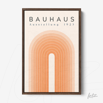 poster print featuring geometric art in orange hues with text bauhaus ausstellung 1923 in dark wood frame