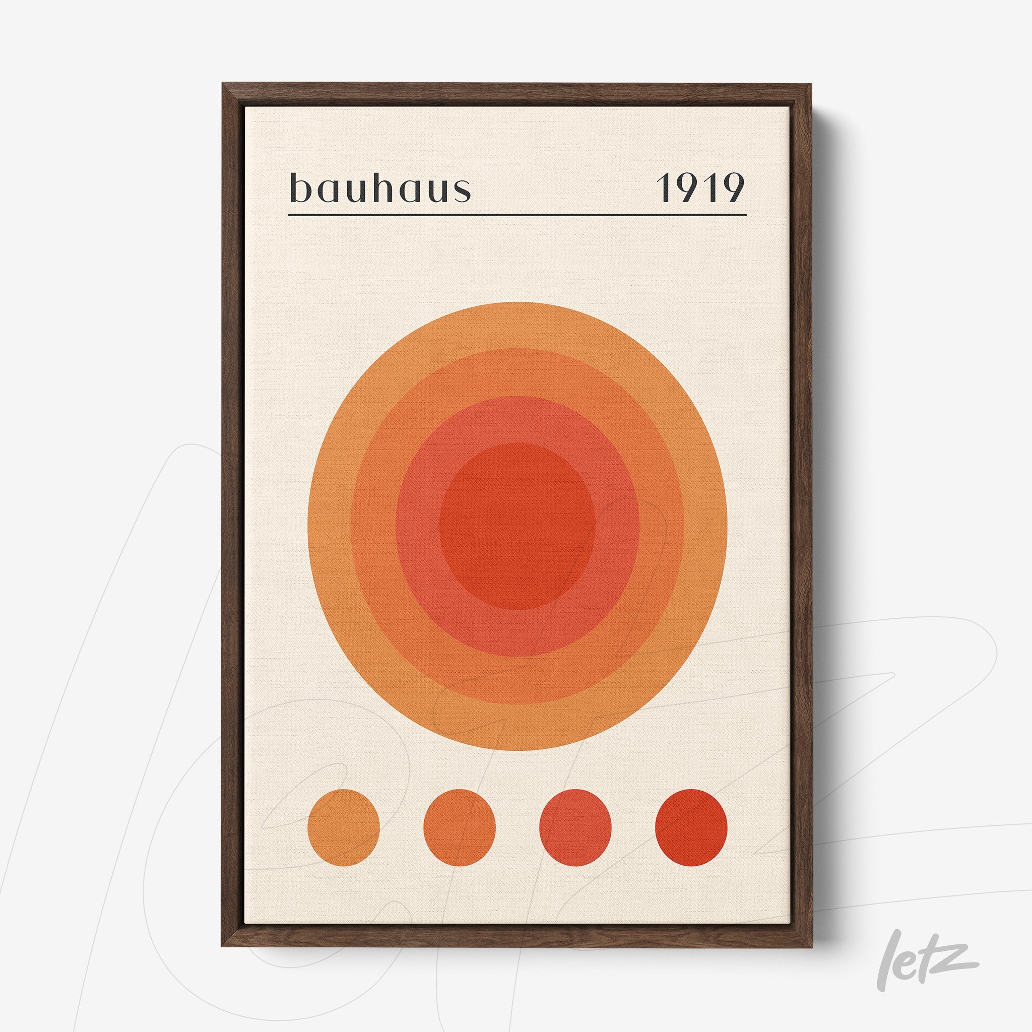 poster featuring concentric circles in shades of orange and red, minimalist bauhaus style, dark wood frame