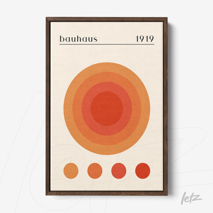 poster featuring concentric circles in shades of orange and red, minimalist bauhaus style, dark wood frame