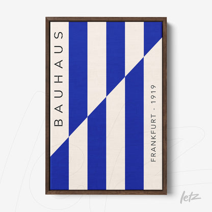 poster print featuring geometric blue and white Bauhaus style design in a dark wood frame