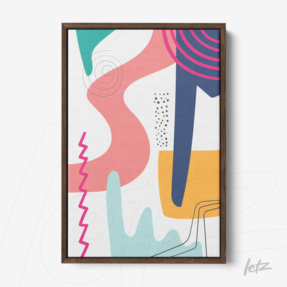 tela em canvas exibindo arte abstrata colorida com formas geométricas e linhas em moldura de madeira escura