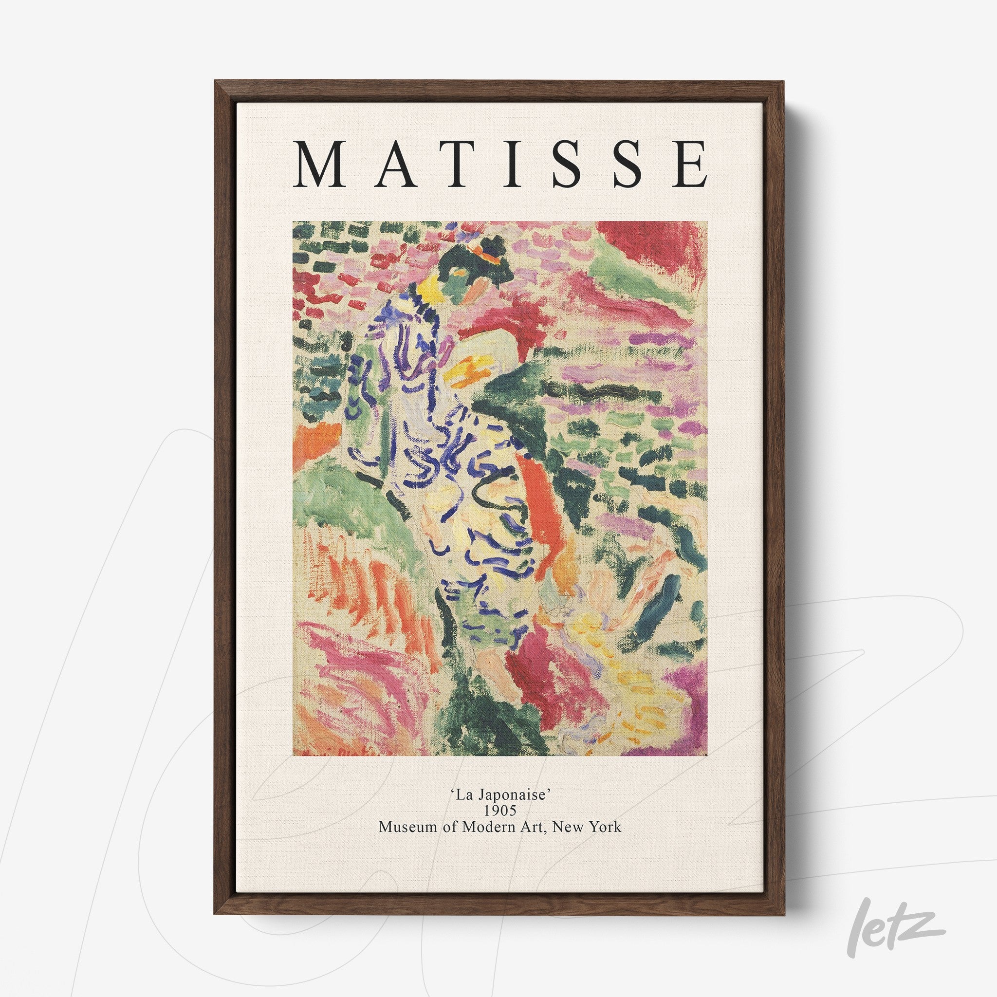 elegant framed art by Matisse titled 'La Japonaisse', featuring vibrant brushstrokes in shades of pink, green, and yellow, set in a dark wood frame
