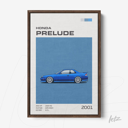 framed wall art featuring a blue 2001 Honda Prelude sports car with a dark wood frame