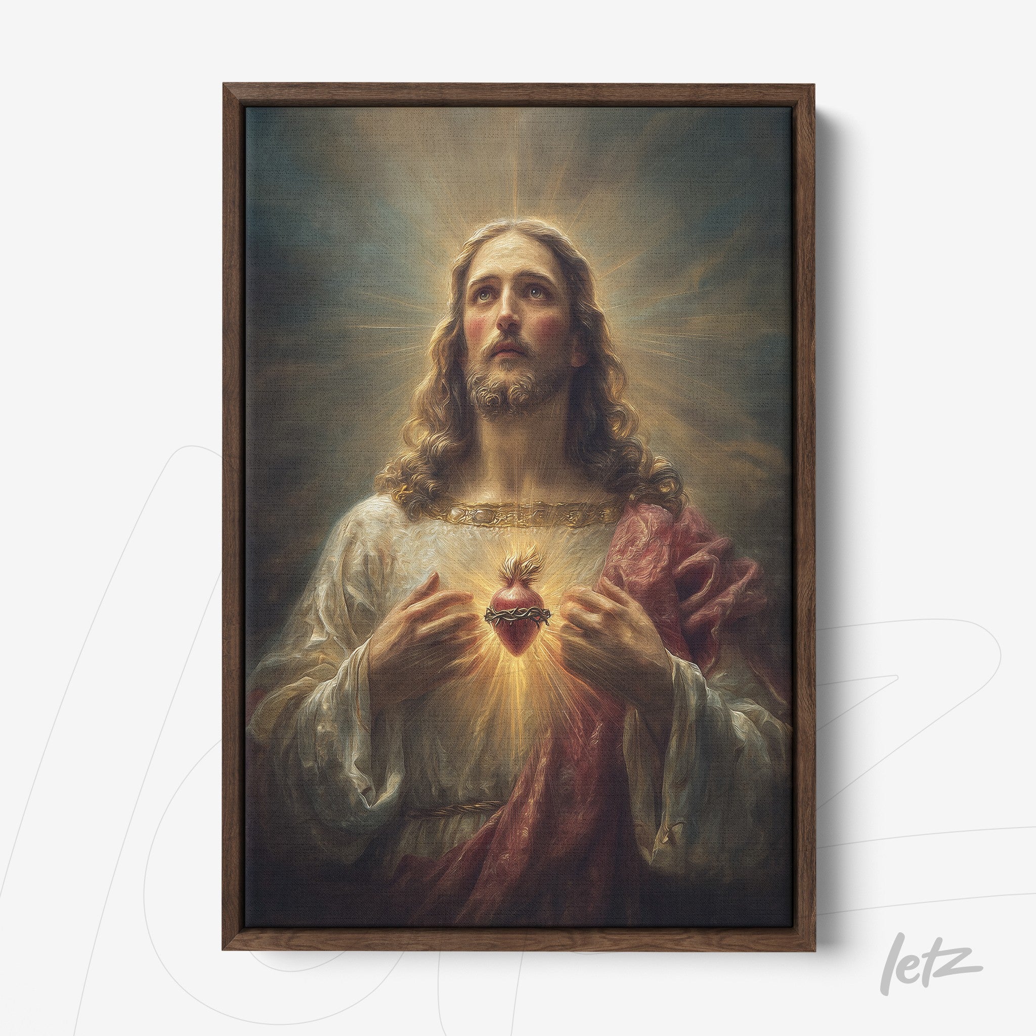 framed artwork of Jesus Christ with a glowing heart in a dark wood frame