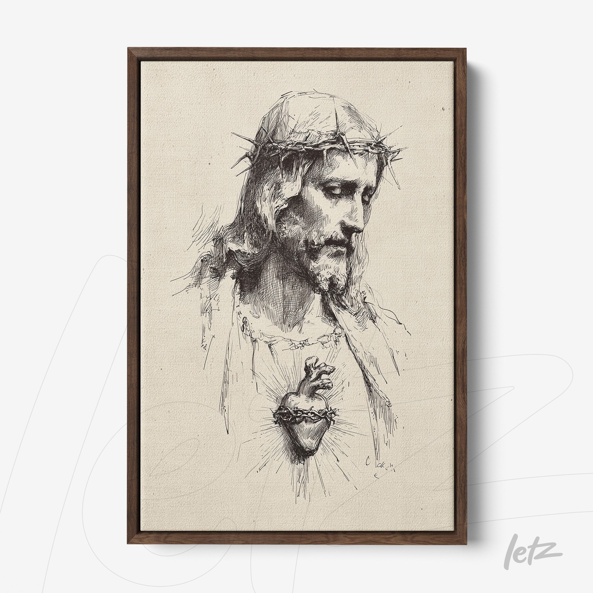 framed classic style artwork of jesus christ with sacred heart in dark wooden frame