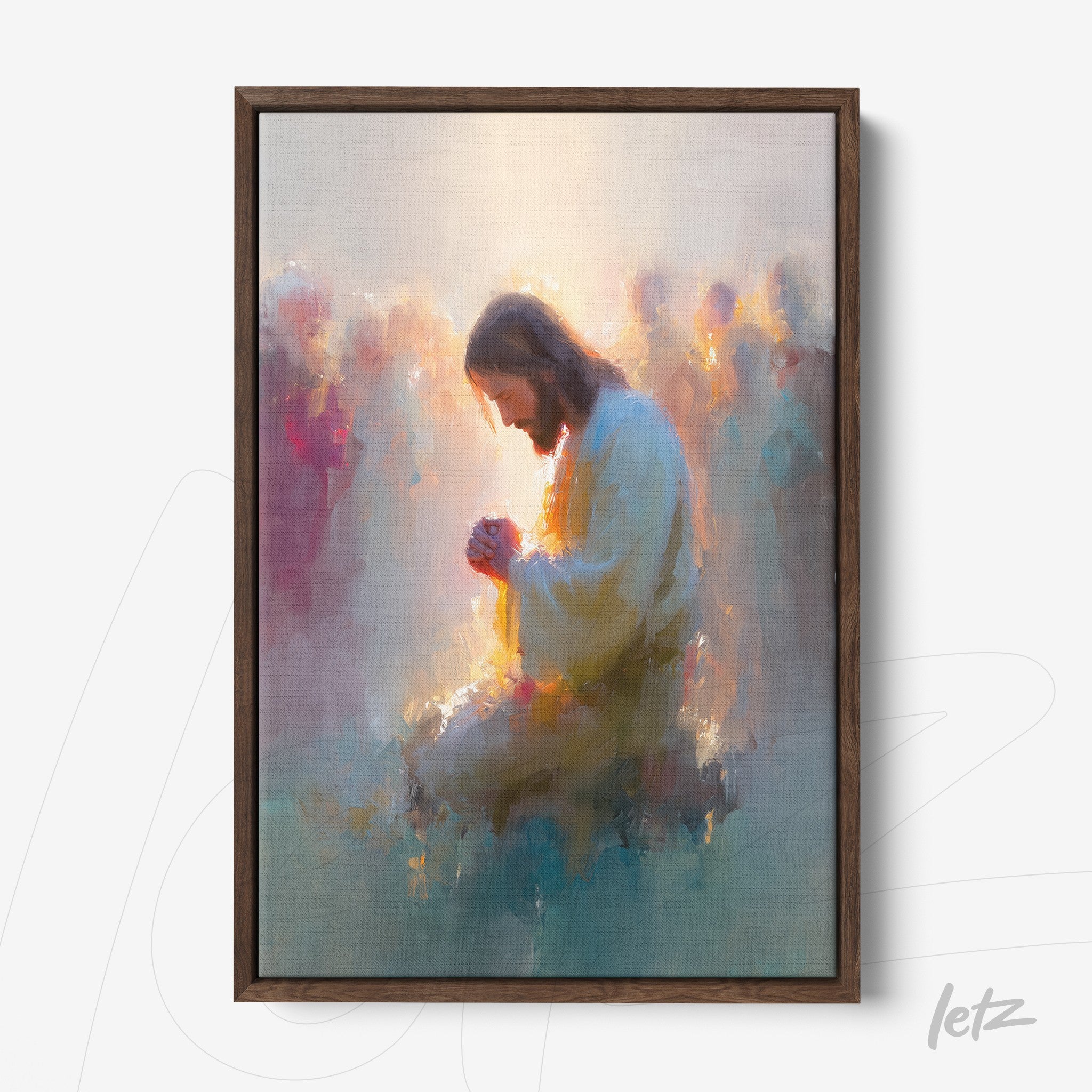 framed artwork of a praying figure surrounded by a blurred crowd in soft colors