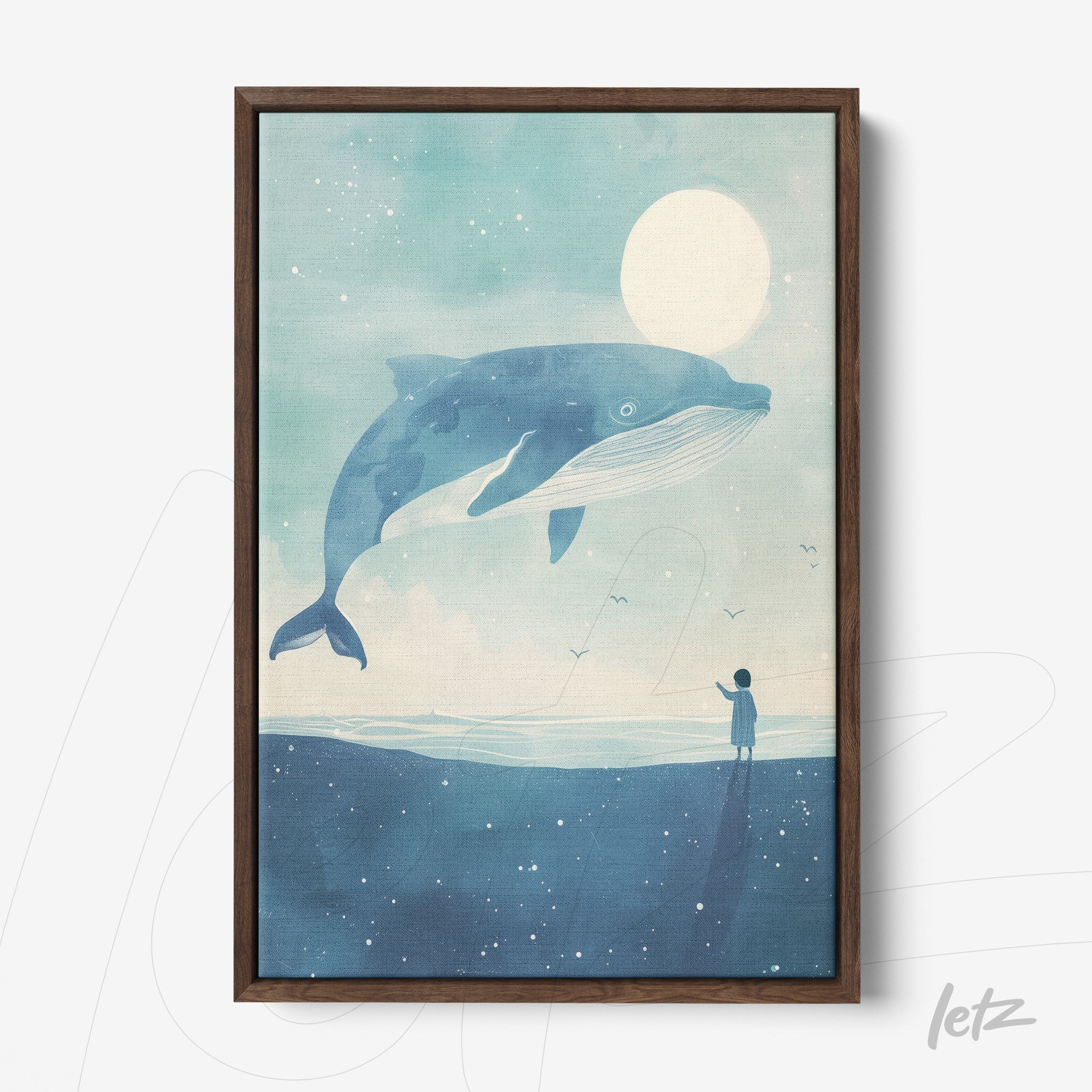 framed artwork of a blue whale floating in the sky under the moon, featuring a child's silhouette on the beach