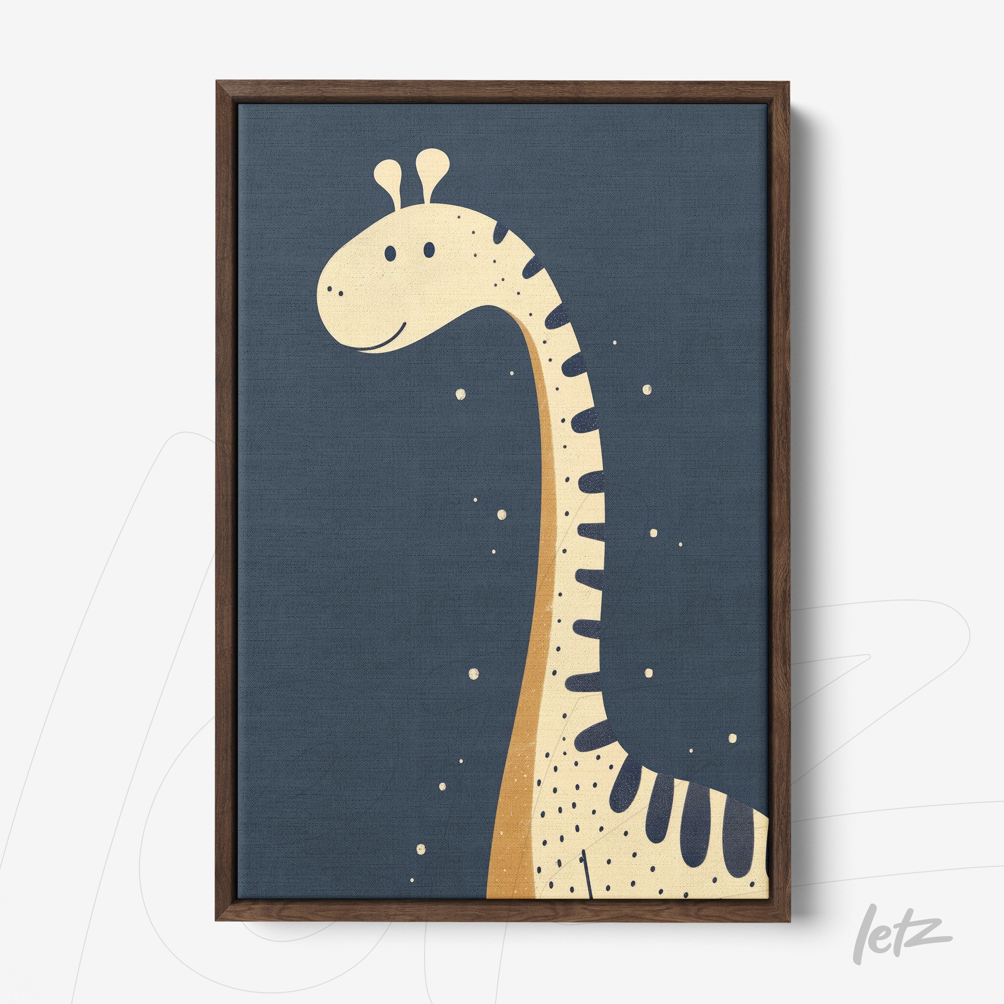 framed wall art featuring a cute giraffe illustration on a dark blue background with brown frame
