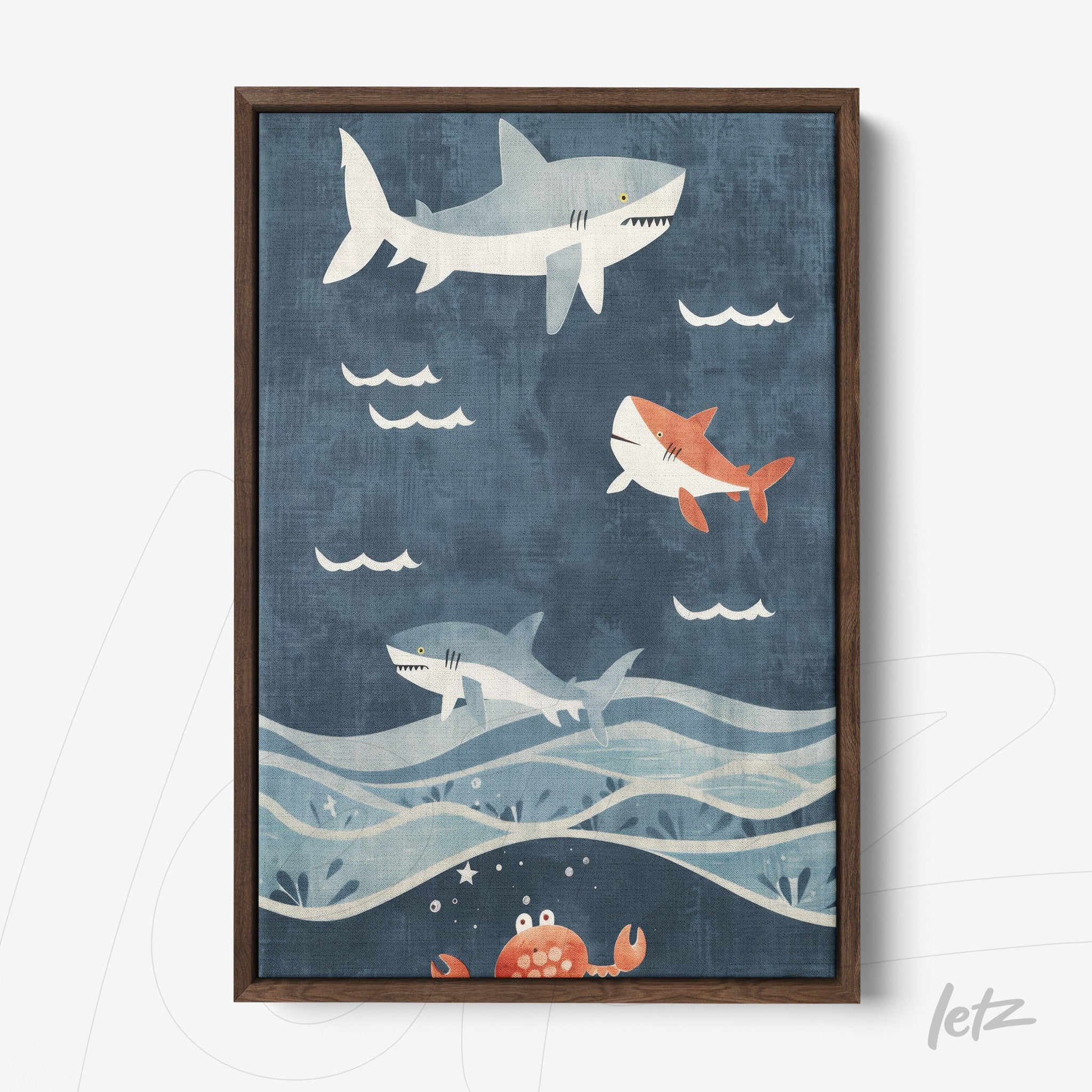 framed playful illustration of sharks swimming in a blue background with dark wood frame
