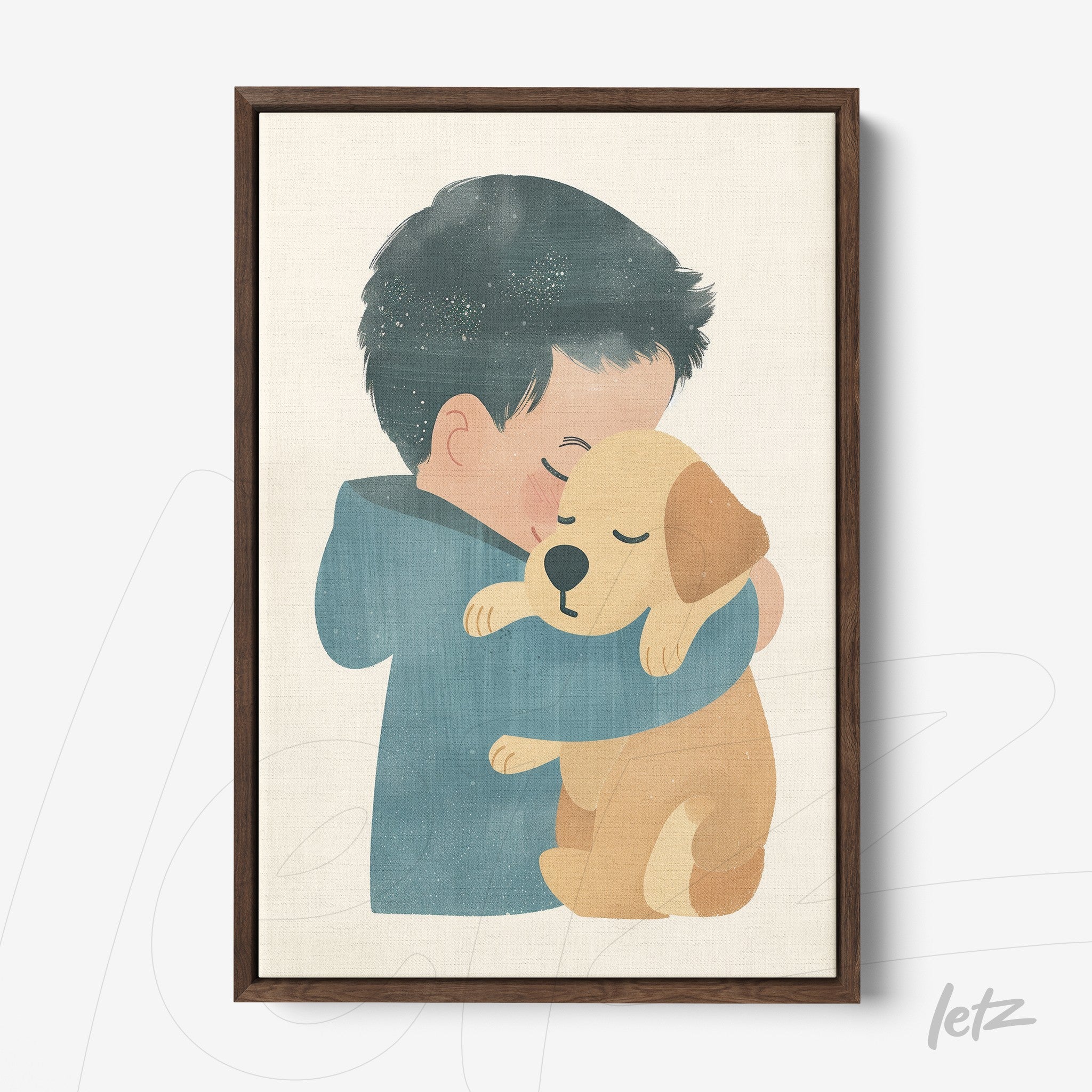 framed artwork featuring a child hugging a dog in a dark wood frame