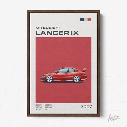 framed digital artwork of Mitsubishi Lancer IX in red background with dark wood frame