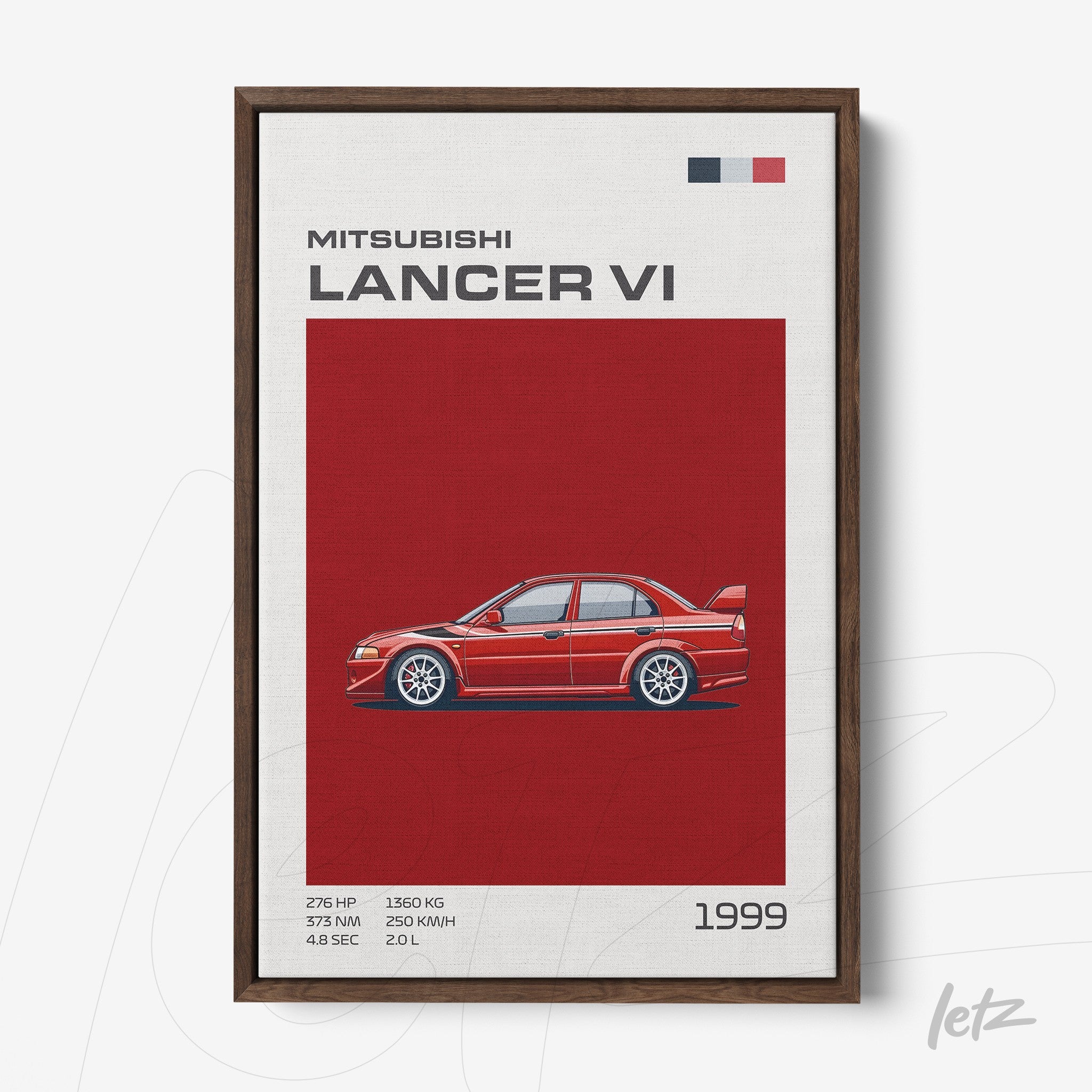 framed artwork featuring an illustration of the Mitsubishi Lancer VI on a red background