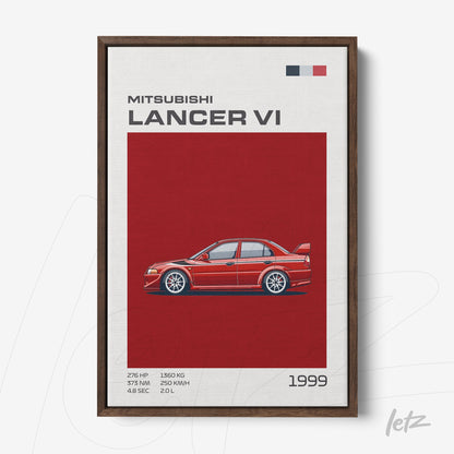 framed artwork featuring an illustration of the Mitsubishi Lancer VI on a red background