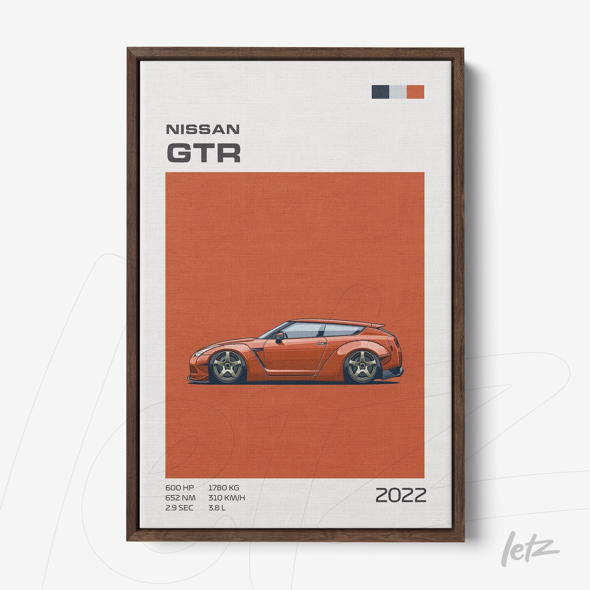 framed art featuring a Nissan GTR illustration on an orange background with a dark wood frame