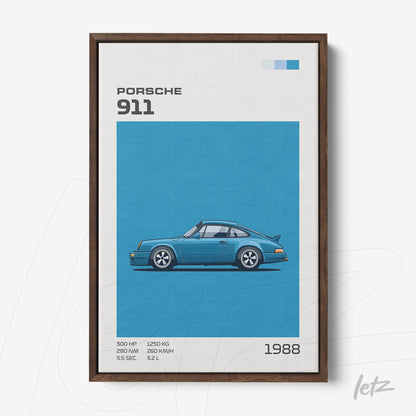 framed retro style artwork of a blue Porsche 911 on a blue background with dark wooden frame