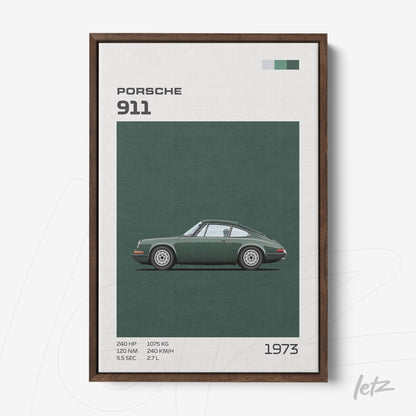 framed wall art featuring a minimalist illustration of a Porsche 911 in green background with dark wood frame