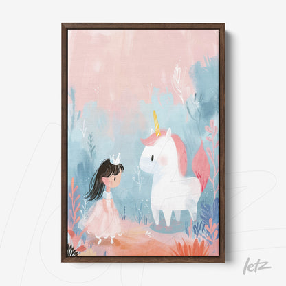 framed children's illustration of a girl wearing a crown and a unicorn against a pastel background