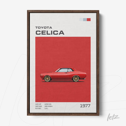 framed art featuring a 1977 Toyota Celica illustration with a red background and dark wooden frame