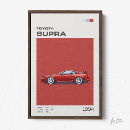 framed art featuring a 1994 Toyota Supra illustration on a red background with a dark wood frame
