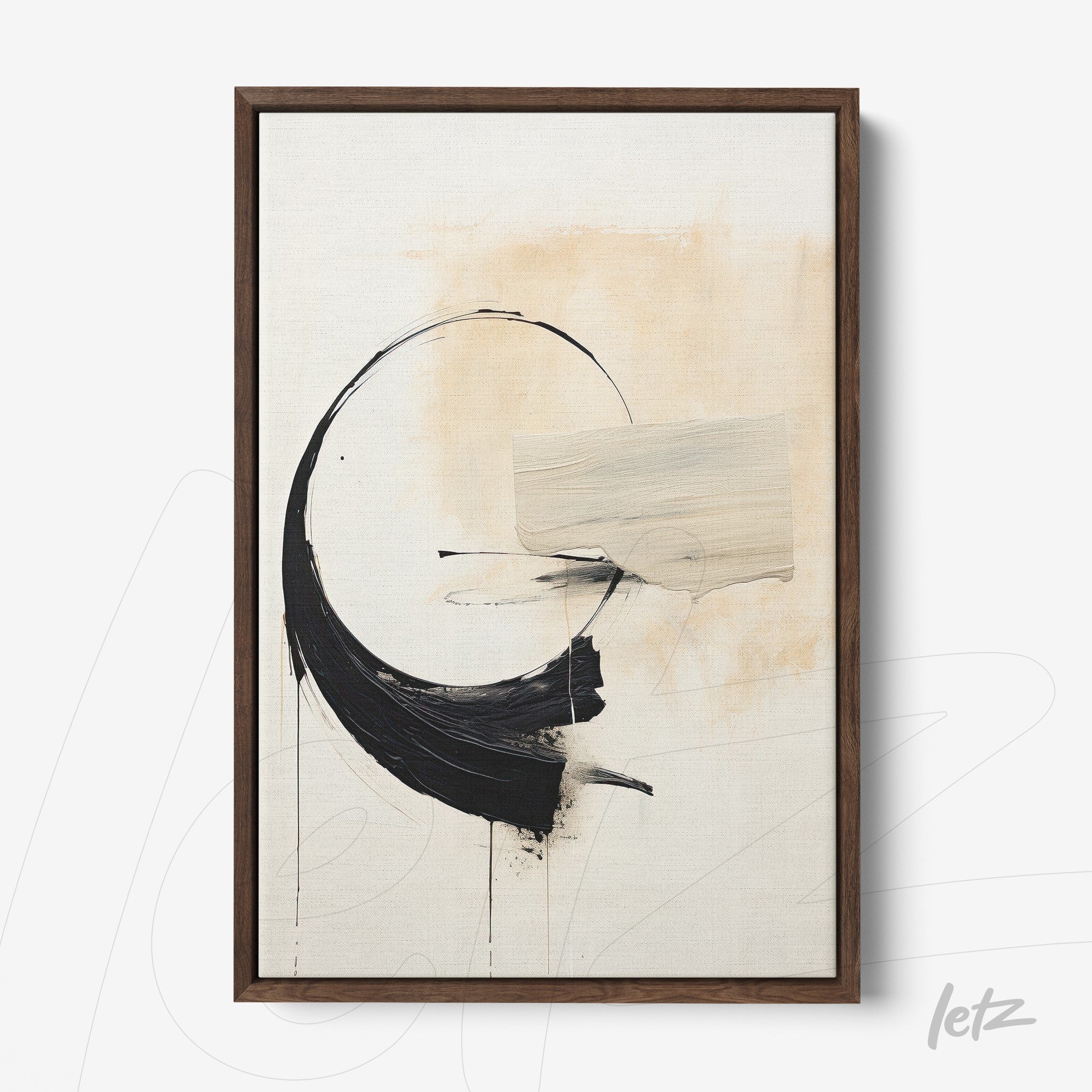 abstract wall art featuring black and beige tones in a dark wood frame