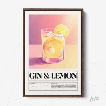 framed wall art featuring a gin and lemon drink illustration in dark wooden frame