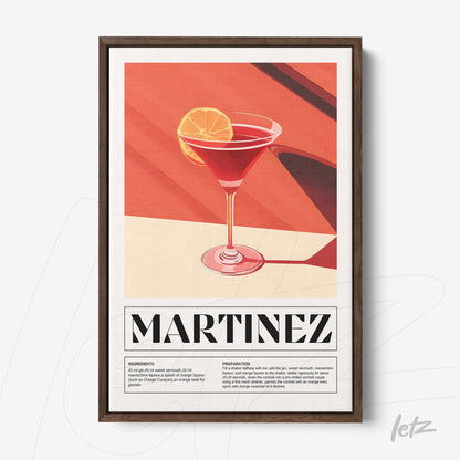 retro style framed artwork of martinez cocktail with dark wood frame