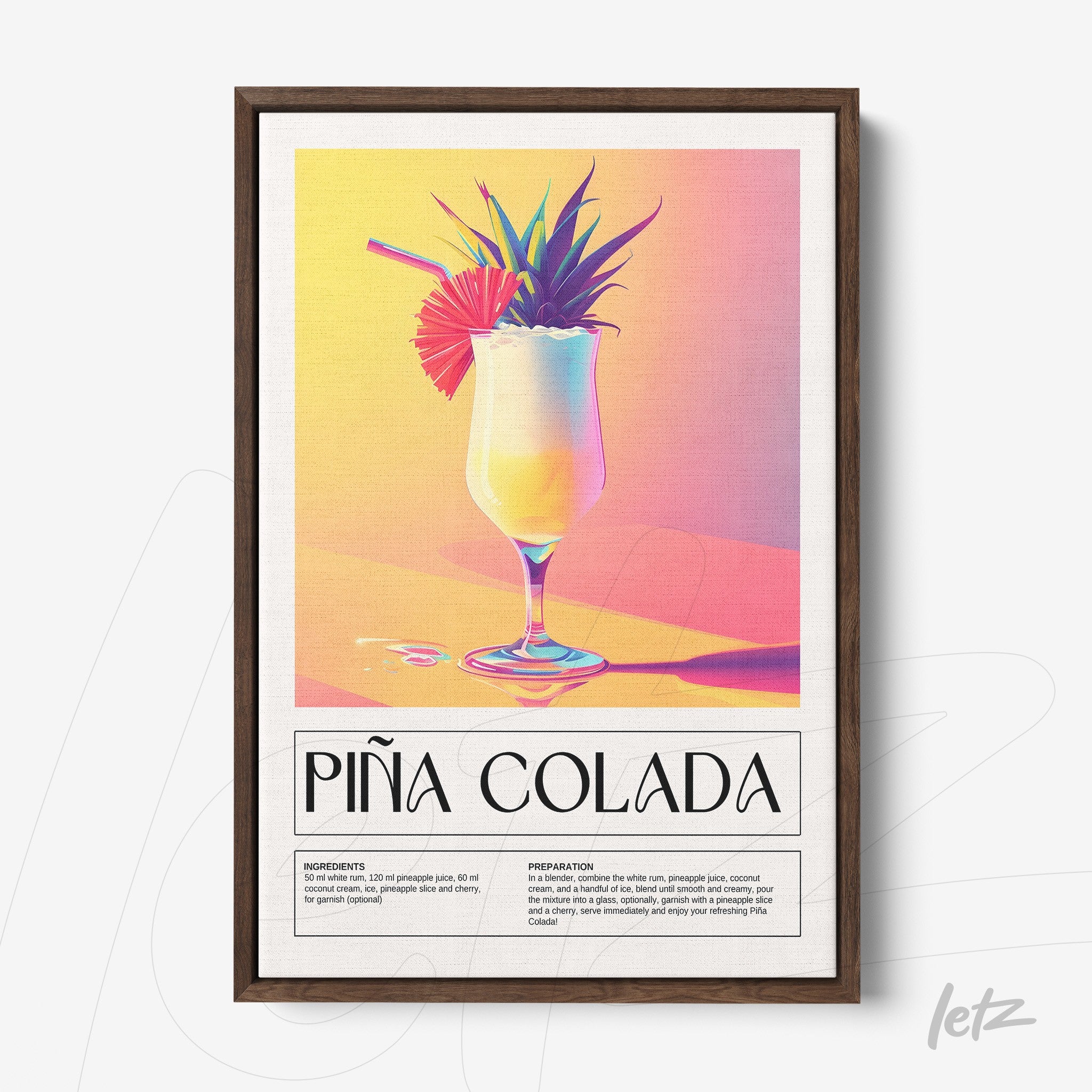 colorful framed wall art of piña colada cocktail with dark wood frame