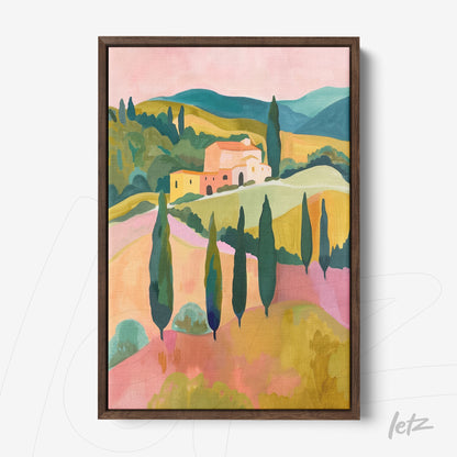 framed abstract art of a countryside landscape featuring green hills and cypress trees
