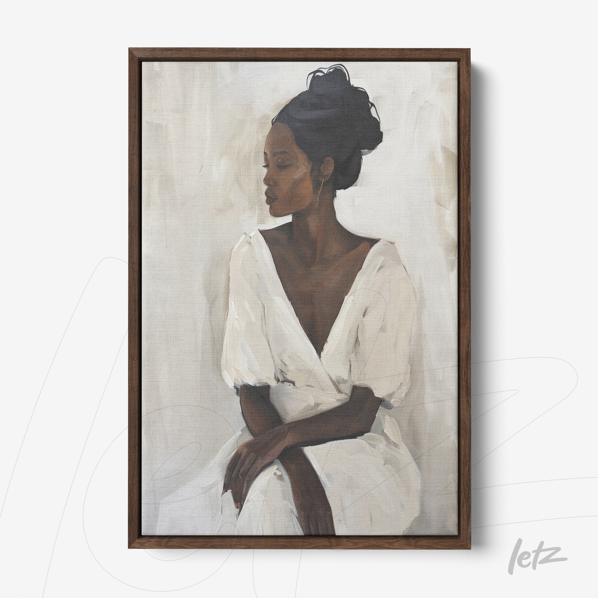 framed artwork featuring a portrait of a woman in a white dress with dark wood frame