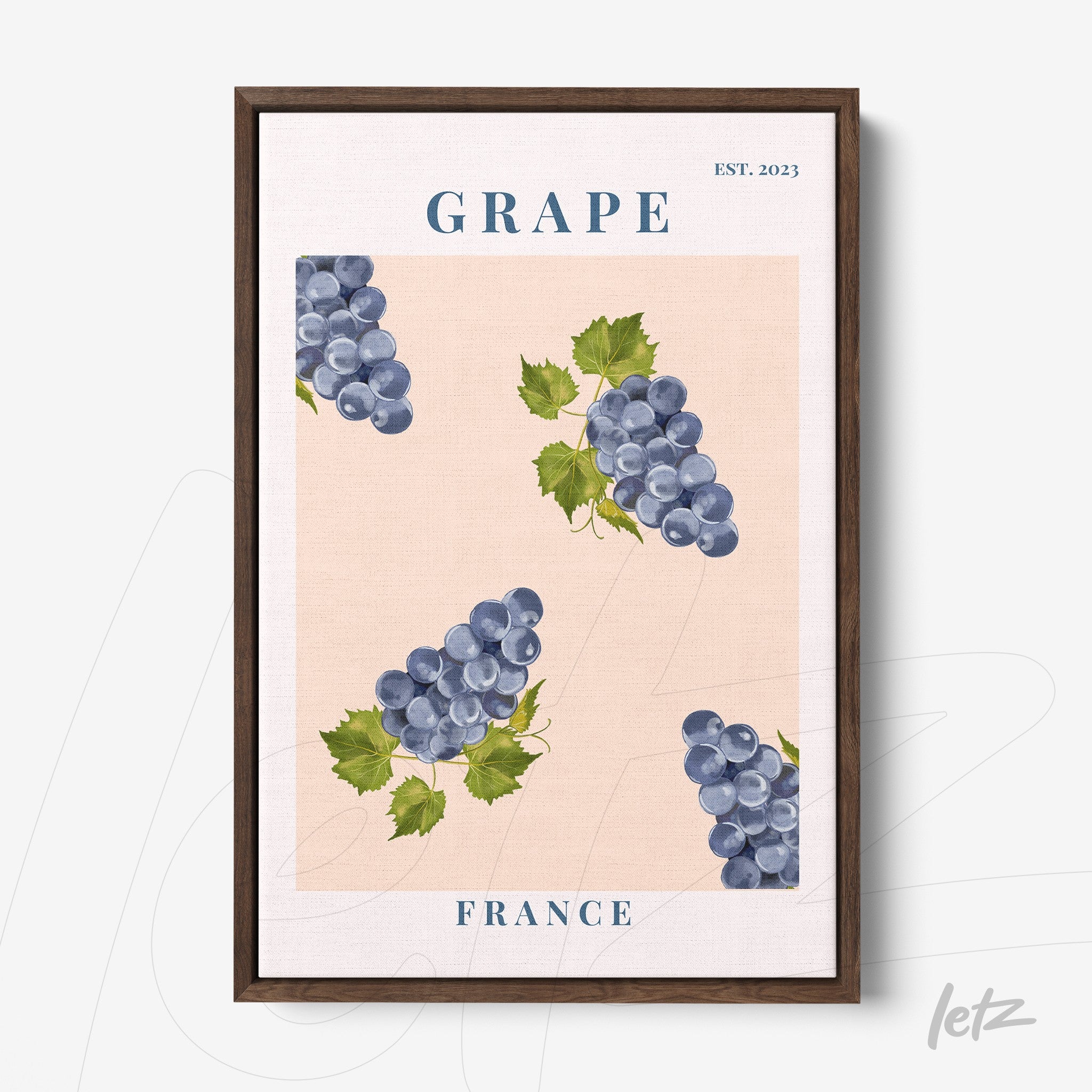 framed wall art featuring grape illustration on pink background with dark wooden frame