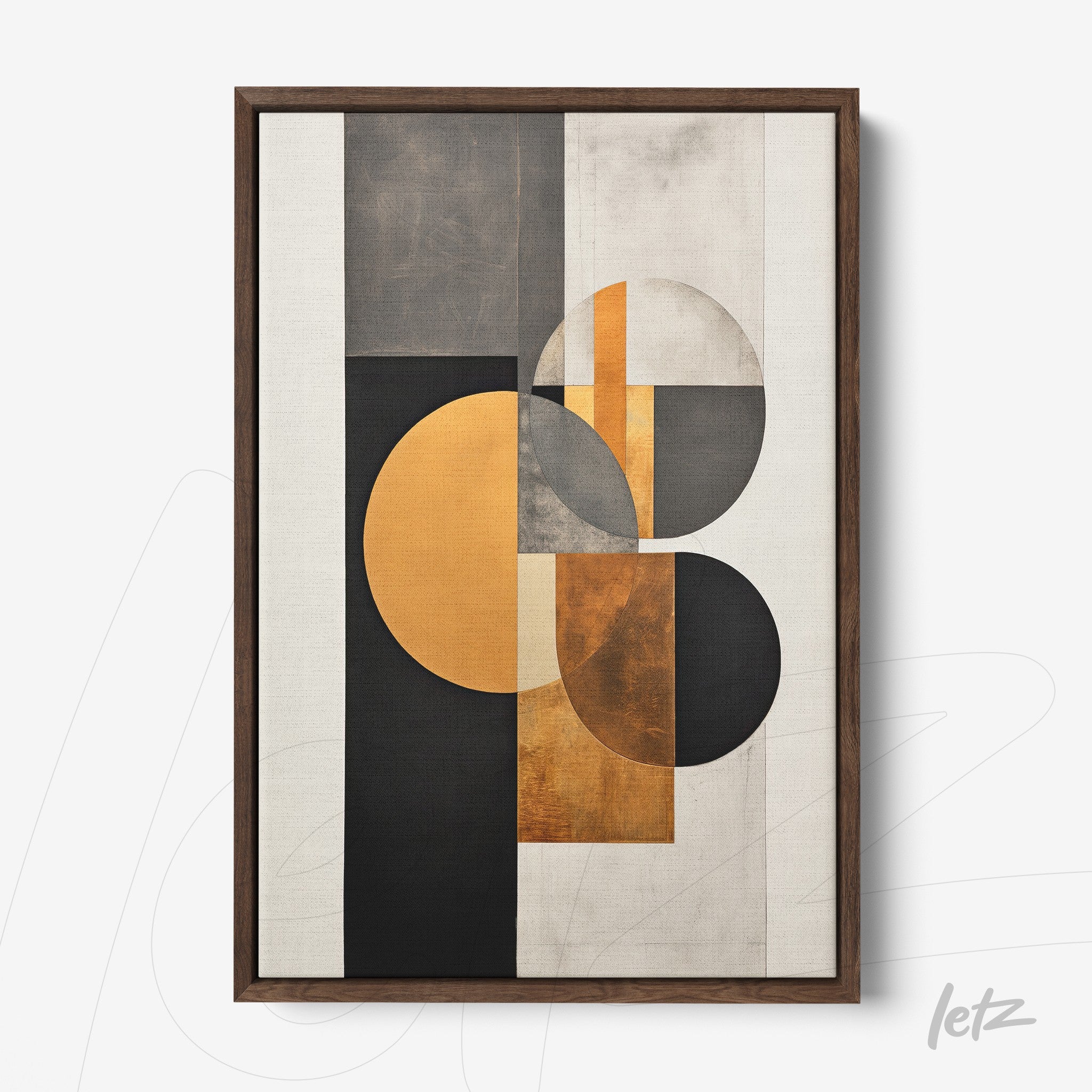 framed abstract wall art featuring black, white, and gold tones with geometric composition of circles and rectangles