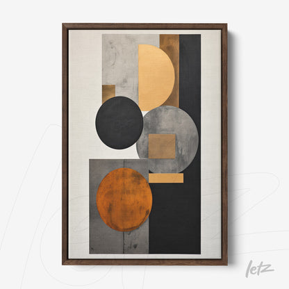 abstract wall art featuring golden, black, and orange tones in a dark wood frame
