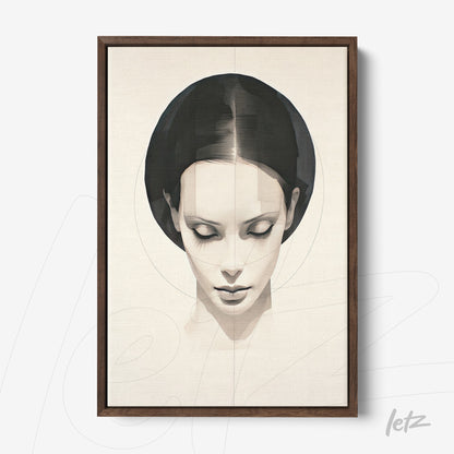 framed wall art of a minimalist portrait of a woman with her hair up in a dark wood frame